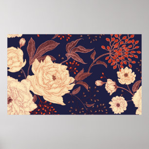 Poster Peonies and roses. Floral vintage seamless pattern