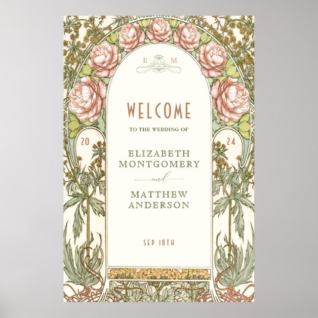 Poster Peonies Welcome Sign Wedding Vintage Art Nouveau (Frente)