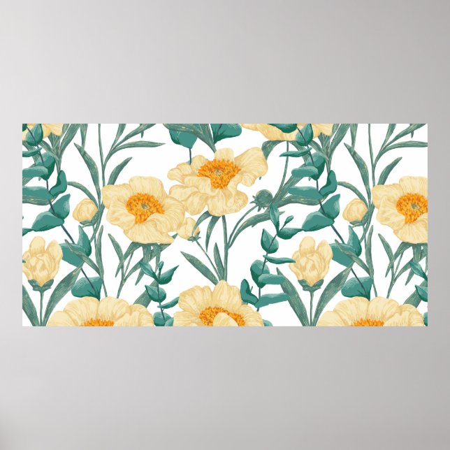Poster Peony Claire de Lune plants seamless pattern. Hand (Frente)