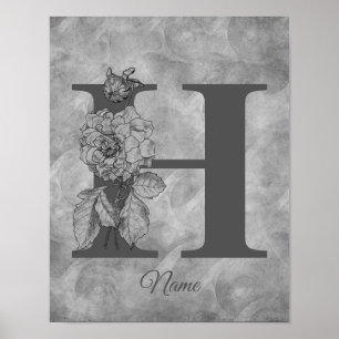 Poster Peony Elegante Monograma Inicial H Personalizado