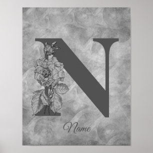 Poster Peony Elegante Monograma Inicial N Personalizado
