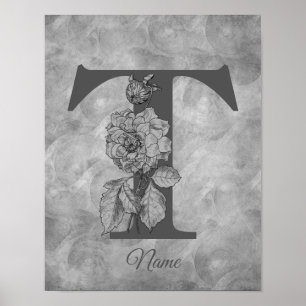Poster Peony Elegante Monograma Inicial T Personalizado