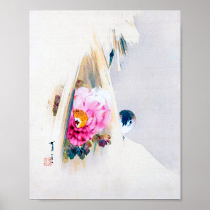 Poster Peony Flower e Sparrow na neve, Watanabe Seitei