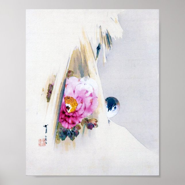 Poster Peony Flower e Sparrow na neve, Watanabe Seitei (Frente)