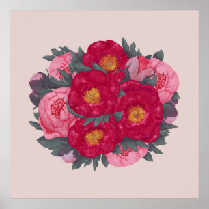 Poster Peony Flowers Buquê Vermelho Botânico Rosa