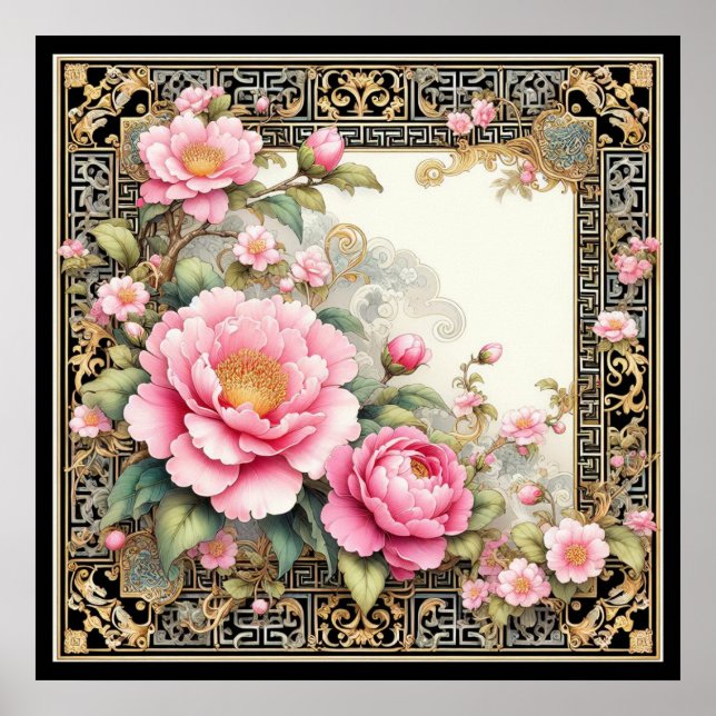 Poster Peony rosa ornamentado num quadro de Chinoiserie r (Frente)