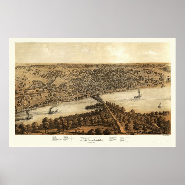 Poster Peoria, Mapa Panorâmico do IL - 1867 (Frente)