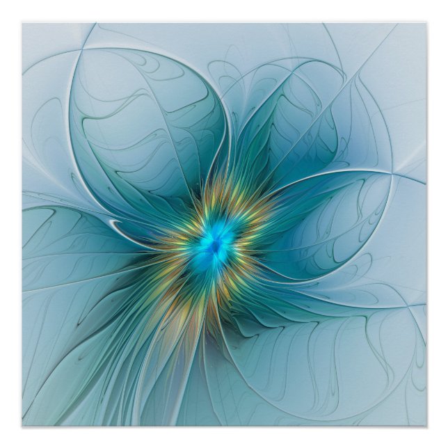 Póster Pequena Bela Moderna Flor de Arte Fractal Azul Dou (Frente)