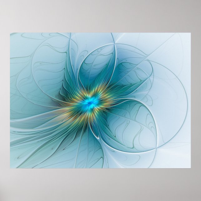 Poster Pequena Beleza Arte Fractal Flor Azul Moderno Dour (Frente)
