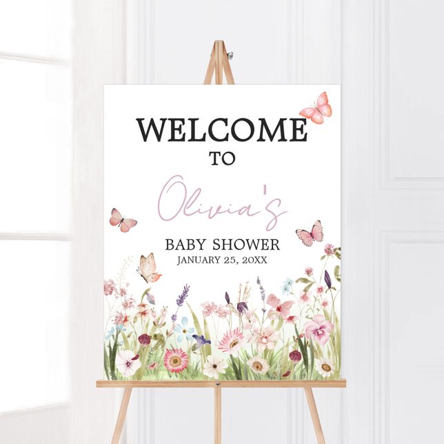 Poster Pequena Borboleta Chá de fraldas de Flor Selvagem  (Wildflower Little Butterfly Baby Shower Welcome Sign)