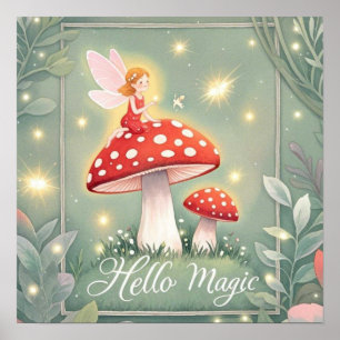 Poster Pequena fada empoleirada sobre o cogumelo e brilha