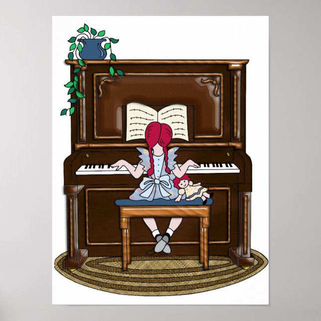 Póster Pequena Garota Vermelha Praticando Piano (Frente)