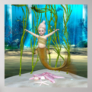 Poster Pequena Sereia, Gata Fantástica, Oceano Azul