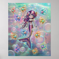 Pequena Sereia Rosa com Peixes e Bolhas Fantasia