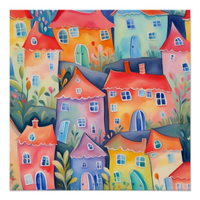 Póster Pequenas casas de pastel de cor suave, cor pacífic (Frente)