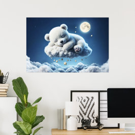 Poster Pequenas nuvens estrelas ursinho fantasia lua arte