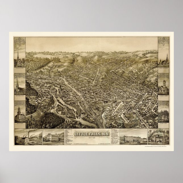 Póster Pequenas Quedas, Novo Mapa Panorâmico - 1881 (Frente)