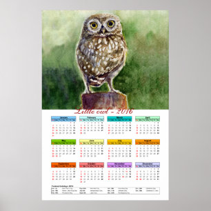 Póster Pequeno calendário de aquarela de coruja 2016