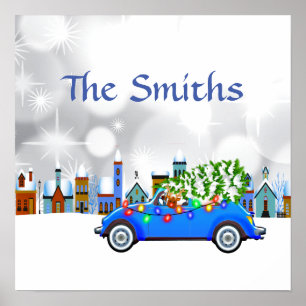 Poster Pequeno Carro Azul e Árvore de Natal Personalizad