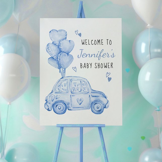 Poster Pequeno Carro Azul e Balões Boas-vindas (Sweetheart themed baby shower welcome sign with blue car and balloons by Darling & May)