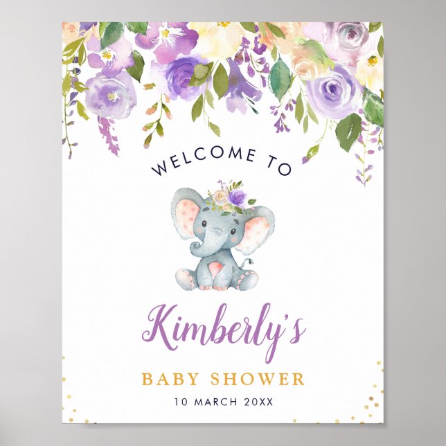 Poster Pequeno chá de fraldas floral roxo de elefante bem (Frente)
