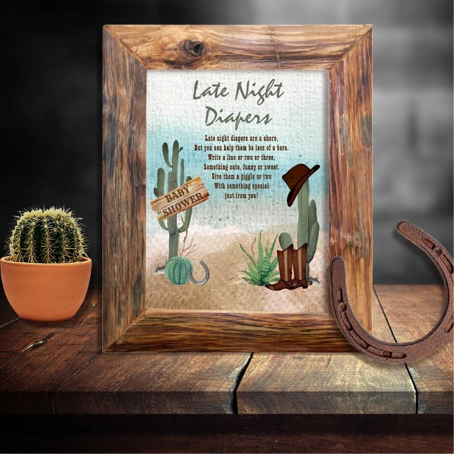 Poster Pequeno Chá Ocidental Fraldas Noturnas Tardes (Rustic Western Boy Baby Shower Late Night Diapers Poster Sign -- "A Little Cowboy Is On His Way" )