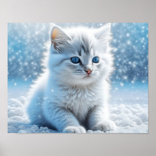 Poster Pequeno Gatinho Branco na Neve Natal