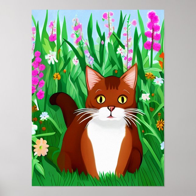 Poster Pequeno Gatinho Ginger Brown em um Campo de Flores (Frente)