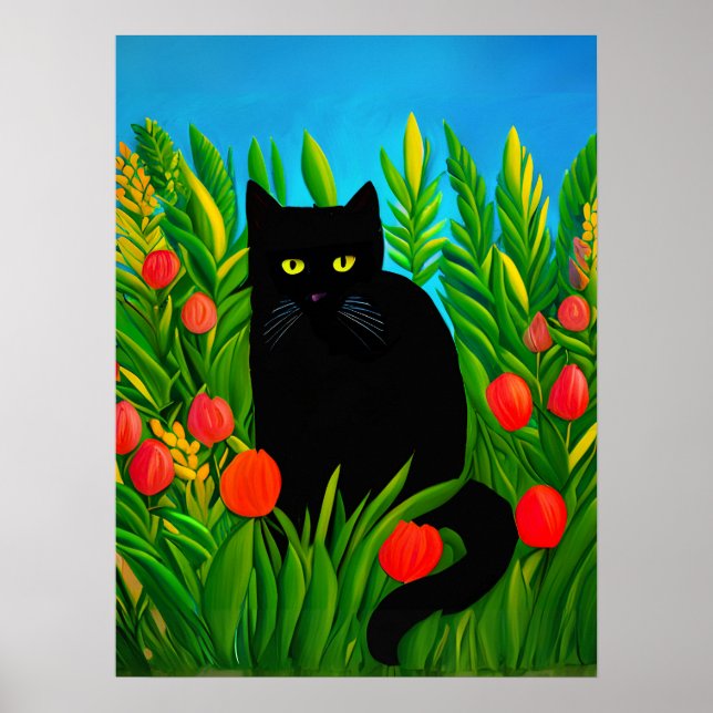 Poster Pequeno Gato Negro em um Jardim de Tulipas (Frente)