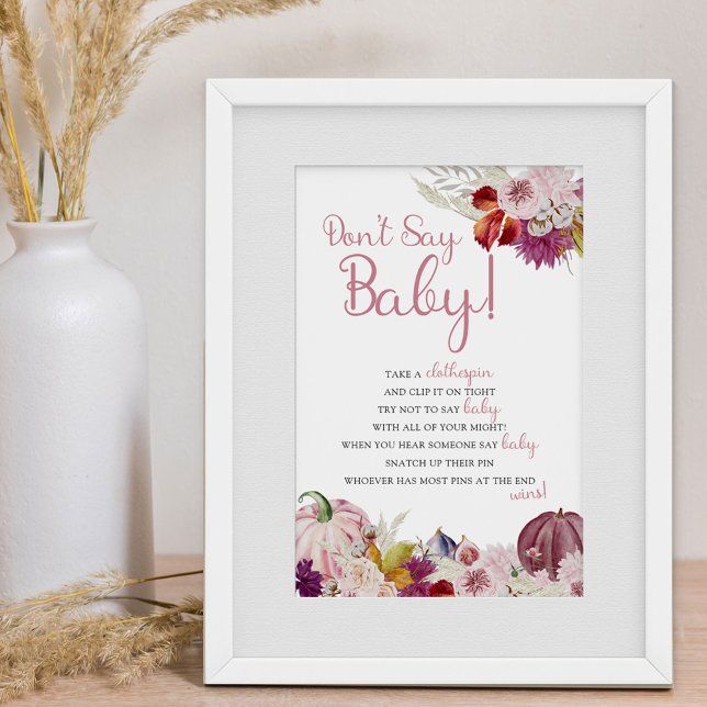 Poster Pequeno Jogo de Pino de Roupas Florais Russas de A (Fall Baby Shower Game Sign - Don't Say Baby clothes pin game)