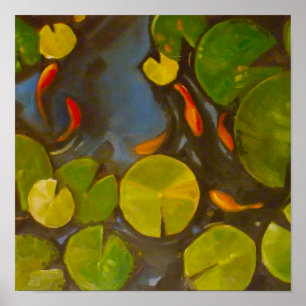 Poster Pequeno Peixe Goldfish Koi em Pond com Lily Pads