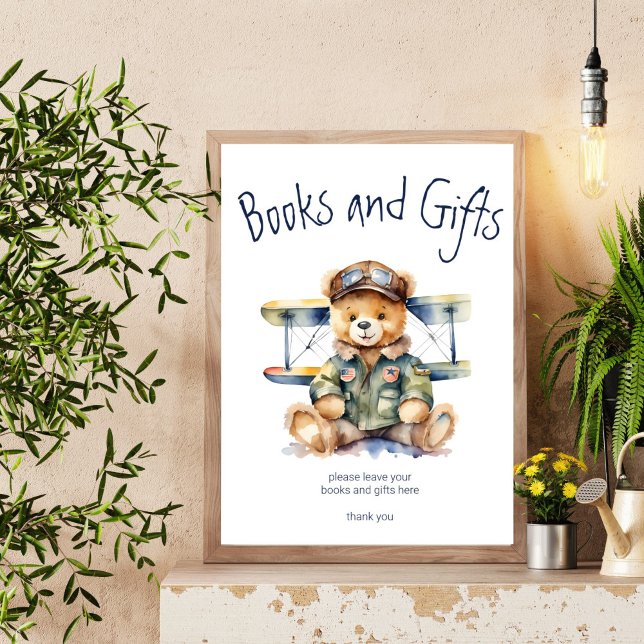 Poster Pequeno piloto de livros de ursos bonitos de pelúc (Tiny pilot cute teddy bear books and gifts table sign baby shower personalized decor signs)