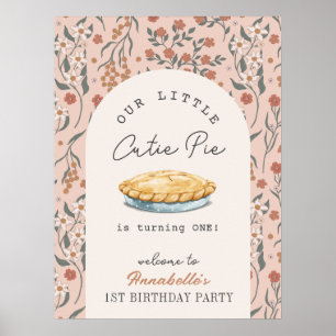 Poster Pequeno primeiro aniversario Floral Rosa-Rosa-Cinz