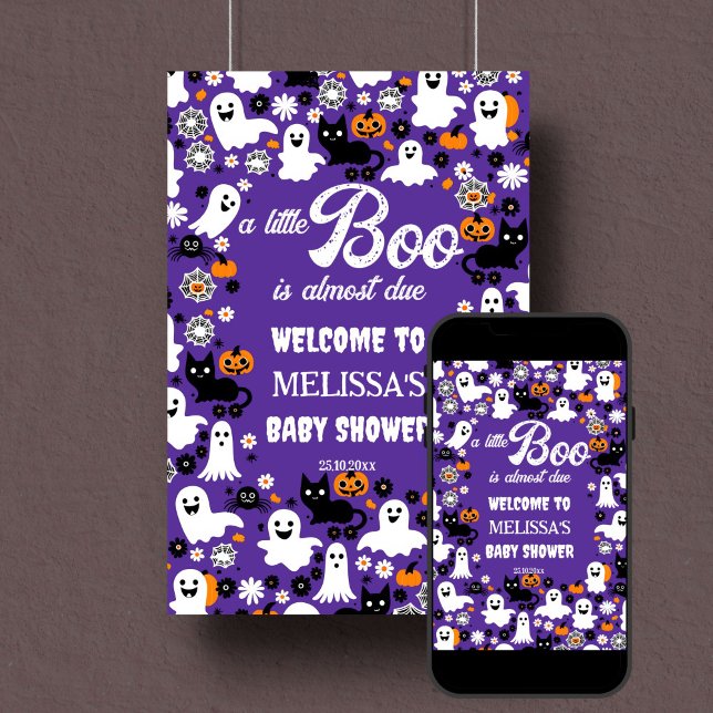 Poster Pequeno sinal de boas-vindas ao chá de fraldas de  (Little boo retro groovy Halloween baby shower welcome sign template poster instant download purple)
