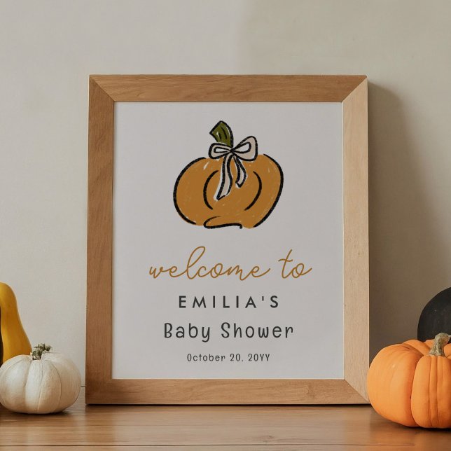 Poster Pequeno sinal de boas-vindas ao Chá de fraldas de  (Little pumpkin baby shower welcome sign.)