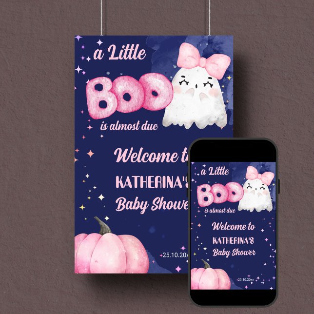 Poster Pequeno sinal de boas-vindas ao chá de fraldas do  (Little Boo Halloween baby shower welcome sign template poster digital download cute girl ghost)