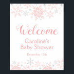 Poster Pequeno Snowflake Chá de fraldas Sinal de Boas-vin<br><div class="desc">Este design apresenta flocos de neve delicados em rosa e prata. O nosso compro, zazzle.com/doodlelulu*, disponibiliza cores adicionais, bem como a coleção de produtos de coordenação. Entre em contato conosco se precisar deste design aplicado a um produto específico para criar seu próprio item de correspondência exclusivo! Muito obrigado por ver...</div>