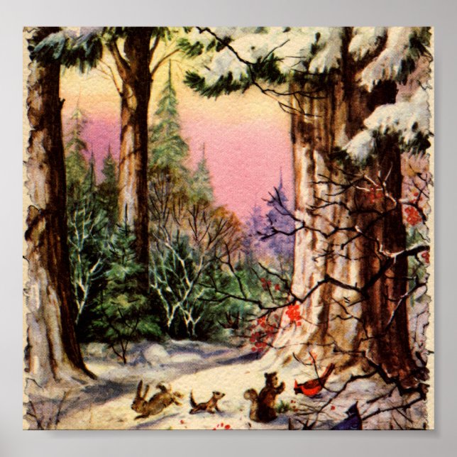 Póster Pequenos animais na neve (Frente)