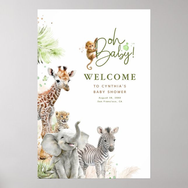 Poster Pequenos Animais Safari Chá de fraldas Selva Bem-V (Frente)