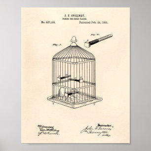Póster Perch For Bird Cages 1891 Patent Art Old Peper