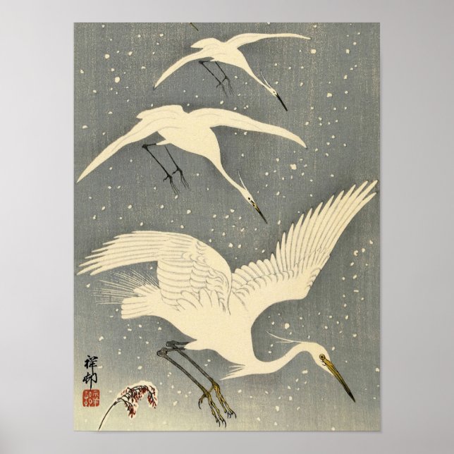 Poster Perching Herons in Snow, 1936, por Ohara Koson (Frente)