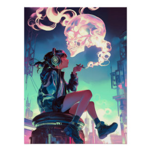 Póster Perdida na Chuva do Neon   Cyberpunk Anime Girl