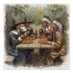 Póster Peregrinos e Indianos Pizza de Pepperoni Cerveja P