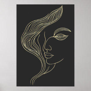 Poster Perfil de Mulher Folha Arte Linear Elegante