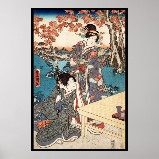 Poster pergaminho antigo ukiyo-e geisha, legal japonês (Frente)