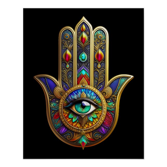 Póster Pérola Colorida Pétalas de Flor Hamsa Verde Tercei (Frente)