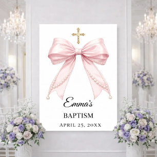 Poster Pérolas com laço rosa Boas-vindas ao Batismo