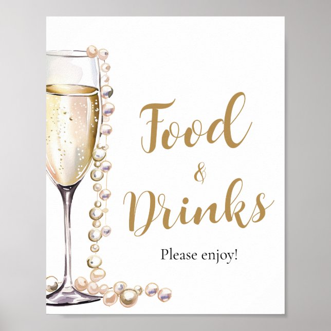 Poster Pérolas Douradas e Comidas de champanhe Prosecco e (Frente)
