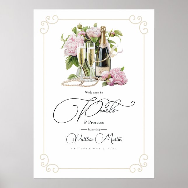 Poster Pérolas Elegantes e Prosecco: Boas-vindas ao Chá d (Frente)