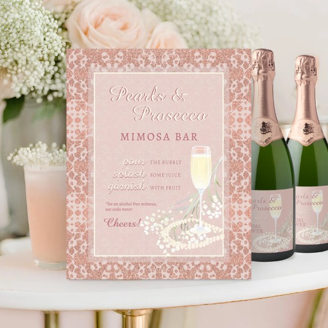 Poster Pérolas & Prosecco Blush & Rosa Dourado Bar Mimosa (Criador carregado)